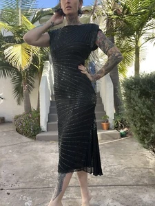 Vtg 80’s Scala Beaded Sequined Silk Party Holiday Evening Dress Open Back S/M - Picture 1 of 12