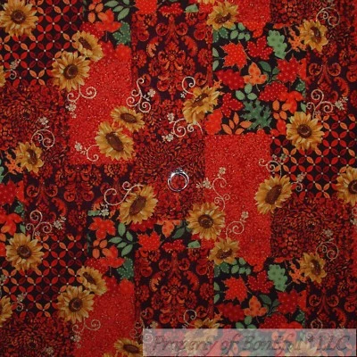 BonEful Fabric FQ Cotton Quilt VTG Orange Pumpkin Sun*Flower Fall Leaf Patchwork - Image 1 of 4