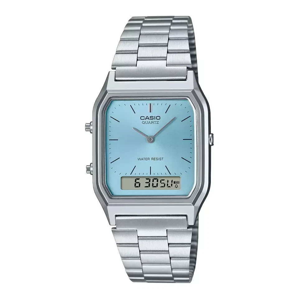 Casio AQ-230A-2A1 Dual Time Silver Stainless Steel Blue Dial Retro Watch AQ230A