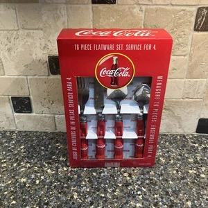 Neu im Karton 1997 Gibson Coca-Cola 16-teiliges Silberbesteck/Besteckset für 4 Personen mit rotem Griff - Bild 1 von 6