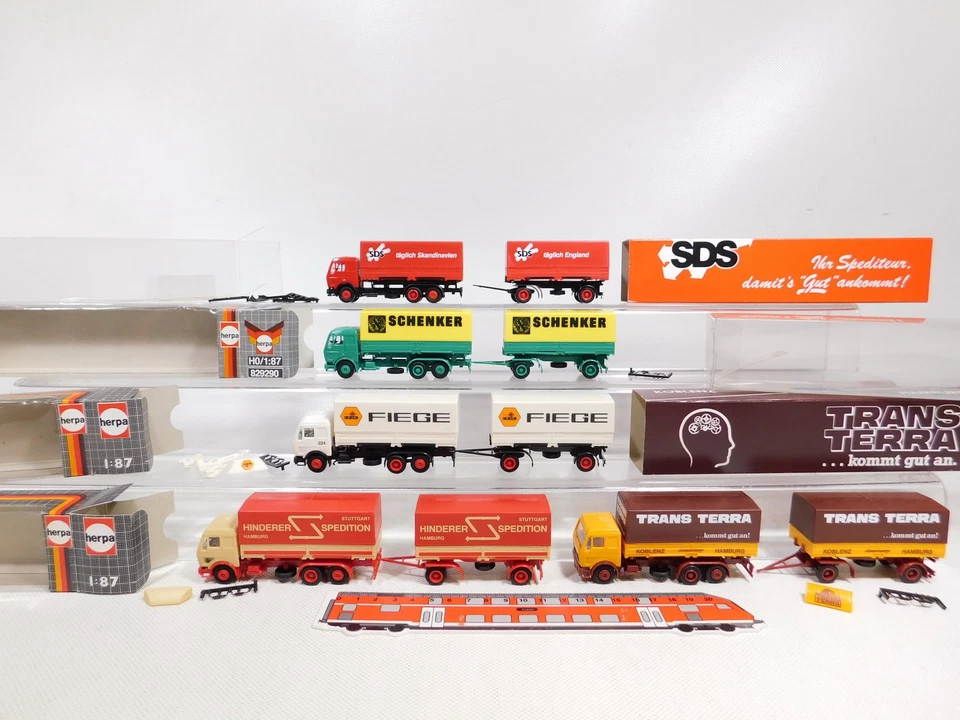 5x Herpa H0 1:87 Camion MB Hinderer Fiege Schenker Sds Trans Terra Top + Box # - Photo 1/4