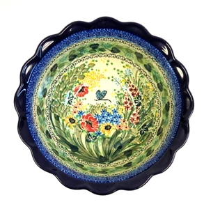 Unikat Polish Pottery Butterfly Garden Delight T. Liana 9" Scalloped Serve Bowl - Picture 1 of 13