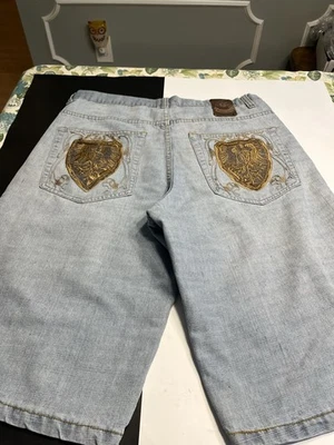 Винтажные темные джинсовые шорты Brooklyn Express Y2k свободные мешковатые с вышивкой размер 36 - Изображение 1 из 4