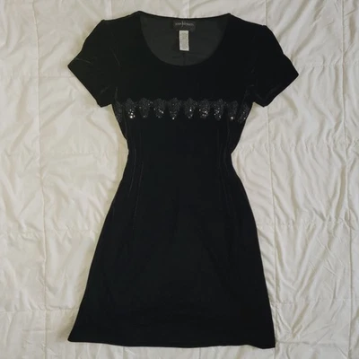 Vintage John Roberts Velvet Beaded Whimsy Goth Black Romantic Knee Length Dress - Image 1 of 4