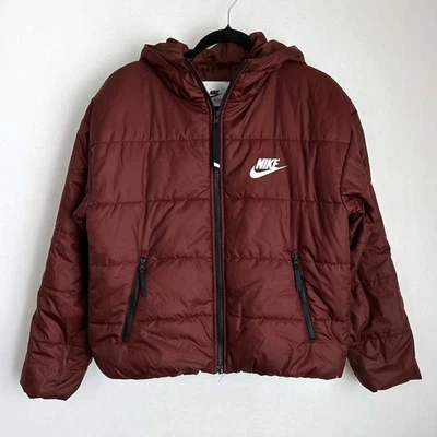 Nike Therma FIT Classic Puffer Jacket Full Zip Hooded Maroon Brown Womens XS - Image 1 of 4