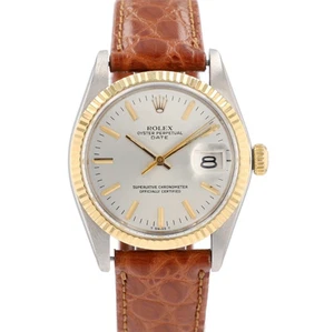 Rolex Mens Watch Date 1501 34mm Silver Index Dial Fluted Bezel Leather Band - Picture 1 of 8