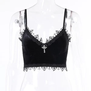 Trim Spaghetti Straps Vest Cropped Top Women's Punk Gothic Sexy Velvet Lace - Picture 1 of 8