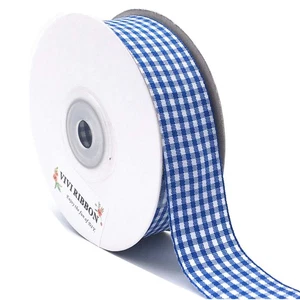 Blue Gingham Checkered Ribbon, 1-Inch x 25 Yard Roll, Polyester Woven Edge - Picture 1 of 7