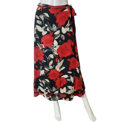 Falda midi vintage Y2K RENA ROWAN estampado floral seda línea A roja/negra/cruda talla 6 Foto 1 de 4