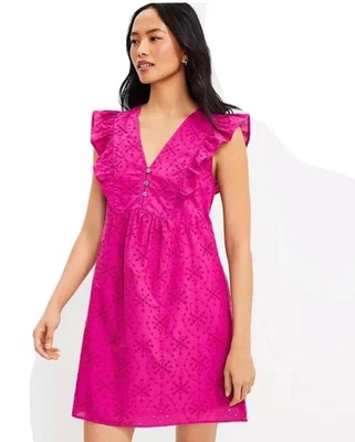 Loft Pink Dress Eyelet Button Ruffle Swing Fuchsia 100 Cotton Petite Medium $90 - Image 1 of 4