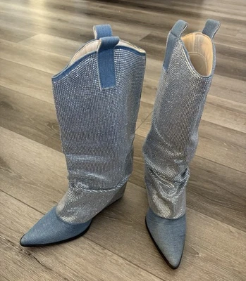 Liliana Rhinestone & Denim Knee High Boots Size 7.5 - Image 1 of 4