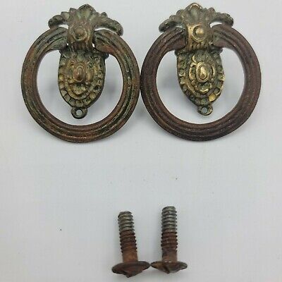 2 Antique Solid Brass Drawer Pulls - Drop Ring Pull Knobs - Victorian Colonial • 79.99£