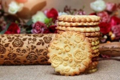 Embossed Roses Rolling Pin Engraved Wooden Rolling Pin Roses  Carved Mold - Image 1 of 3