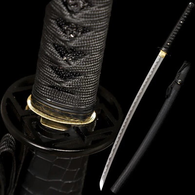 Katana Negra 1095 Acero al Carbono Japonesa Real Afilada Samurai Espada Cuero Saya Foto 1 de 4
