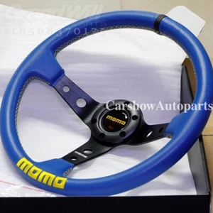 MOMO 350mm 14' Genuine Leather Deep Cone Blue CoverEmbroide Sport Steering Wheel - Picture 1 of 9
