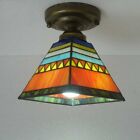Vintage Ceiling Mounted Lamp Stained Glass Shade Pyramid Light