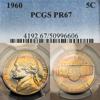 PR67 1960 5C Jefferson Proof Nickel PCGS- Pretty Rainbow Toned - Image 1 of 4