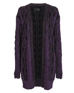 NWT RtA Iris Purple Metallic Cable Knit Open Front Distressed Cardigan Sz M $380 - Picture 1 of 12