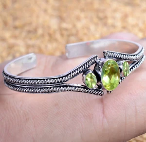 Faceted Peridot Oval Cut Gemstone 925 Sterling Silver Bracelet Man's Cuff-ss44 - Picture 1 of 6
