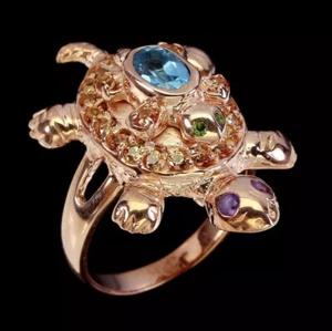Natural Oval Swiss Blue Topaz Amethyst Sapphire Sterling Silver Turtle Ring 7 - Picture 1 of 3
