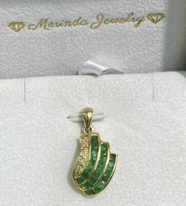 14k Solid Gold Natural Diamond 0.13 Ct Pendant, Natural Emerald 3.26 Grams - Picture 1 of 7