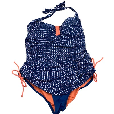 Traje de baño halter de una pieza con estampado geométrico azul/naranja Moontide talla 6 usado en excelente estado Foto 1 de 4