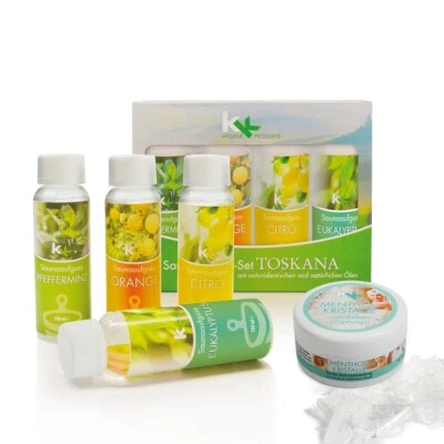KK HYGIENE PRODUKTE KK Saunaaufguss Set Toskana | 4 x 100 ml/Flasche inkl.Mentholkristalle 50 g