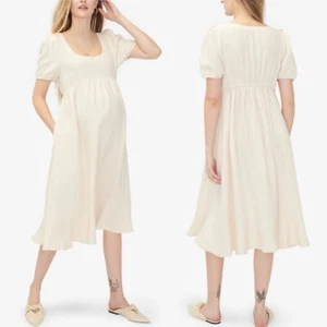 Hatch Maternity Tisha Dress Size 1 Ivory Cream White Midi Short Puff Sleeve NWT - Picture 1 of 12