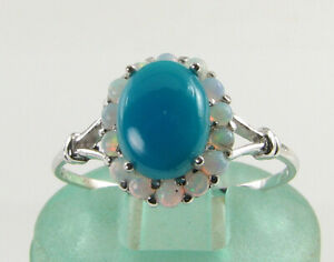 9k 9CT WHITE GOLD PERSIAN TURQUOISE OPAL ART DECO INS CLUSTER RING