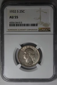 1932-S .25 NGC AU55 Washington Quarter, Silver 25 Cents - Picture 1 of 2