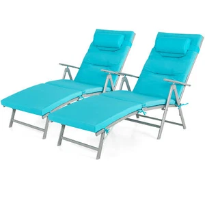 2PCS Folding Chaise Lounge Chair Recliner Cushion Pillow Adjustable Outdoor - Picture 1 of 3