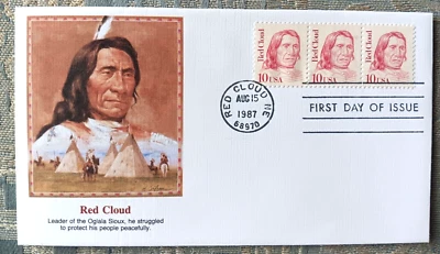 AMERICAN INDIAN OGALA SIOUX LEADER RED CLOUD 1987 FLEETWOOD CACHET  FDC UNADDR - Image 1 of 2