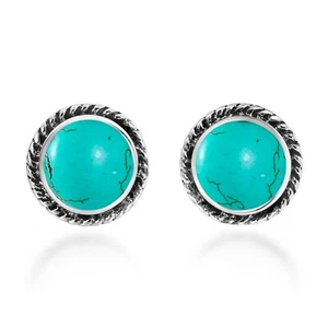 Classic & Stylish Round Green Turquoise on Sterling Silver Stud Earrings - Picture 1 of 5