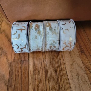 New Premium Wired Ribbon 1.5” X 30 Ft. Gold Ivory Pattern Wired Ribbon - Picture 1 of 3