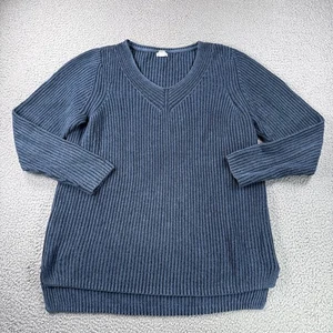 LL Bean Sweater Womens L Blue Pullover Ribbed V Neck Pullover Minimalist Basic - Picture 1 of 10