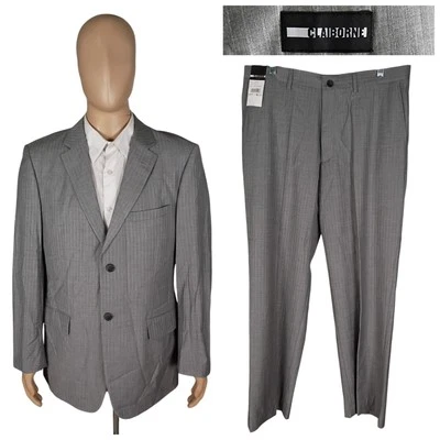 NEW Claiborne Two Piece Modern Fit Heather Gray Stripe Suit 42R Flat Front 34X30 - Image 1 of 4