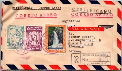 Cubierta de correo aéreo de la ciudad de Trujillo 1954 República Dominicana a Hamburgo Alemania Foto 1 de 2