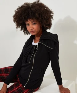 Joe Browns Women's Dramatic Collar Zip-Front Jersey Top, Black, 8 - Picture 1 of 5