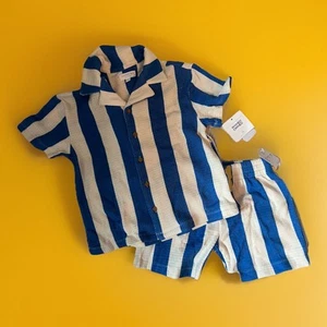 NWT Boys 5T Matching Button Down and Shorts Set Striped Textured Short Sleeve - Picture 1 of 3