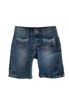 Mudd Denim Shorts Bermuda Jeans Floral Embroidery Adjustable Blue Girls Size 8 - Picture 1 of 18
