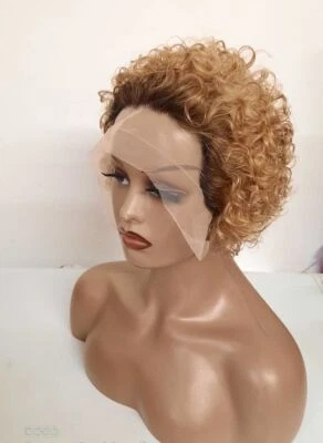 Women Pixie Cut Wig Ombre Blonde Wig Curly Lace Front Wig Human Hair Wig Daily - Image 1 of 4