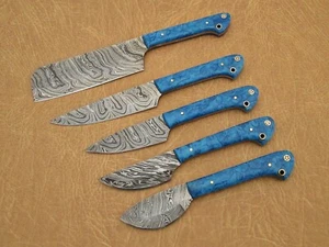 42" long 5 pieces Kitchen knife set 2 tone Blue Razon scale, suede roll sheath - Picture 1 of 6