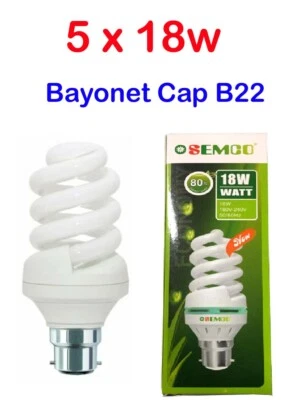 5 X 18W 6400K LIGHT BULB DAY LIGHT COOL WHITE B22 BAYONET CAP ENERGY SAVER SEMCO - Image 1 of 4