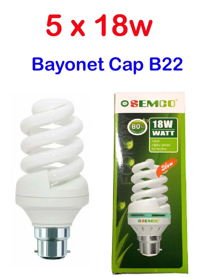 5 X 18W 6400K LIGHT BULB DAY LIGHT COOL WHITE B22 BAYONET CAP ENERGY SAVER SEMCO - Image 1 of 4