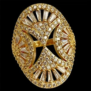 Art Deco Cubic Zirconia Cocktail Ring 14 kt Yellow Gold Plated Size 7 Statement - Picture 1 of 13