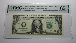 $1 2003 Repeater Serial Number Federal Reserve Currency Bank Note Bill PMG UNC65 - Picture 1 of 3