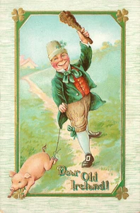 Postal en relieve del día de San Patricio hombre con cerdo y Shillelagh 2041 - Imagen 1 de 2