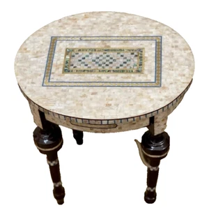 Handmade Wooden End Table Carving Wood Table Home Decor Mother of Pearl Inlay - Picture 1 of 21