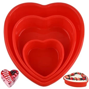 3 Pieces Silicone Heart Cake Pans Red Heart Shaped Cake Mold Nonstick Heart B... - Picture 1 of 7