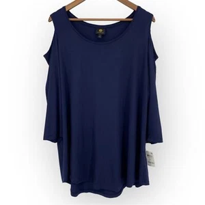 JM COLLECTION NWT Cold Shoulder Top Plus Size 0X Navy Blue Stretch Casual Chic - Picture 1 of 6